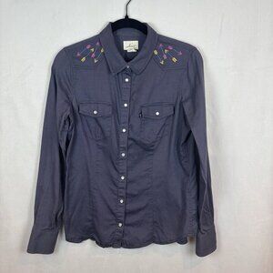 Levis Women's Pearl Snap Embroidered Blue Southwestern Blouse SZ Medium‎ Cowgirl